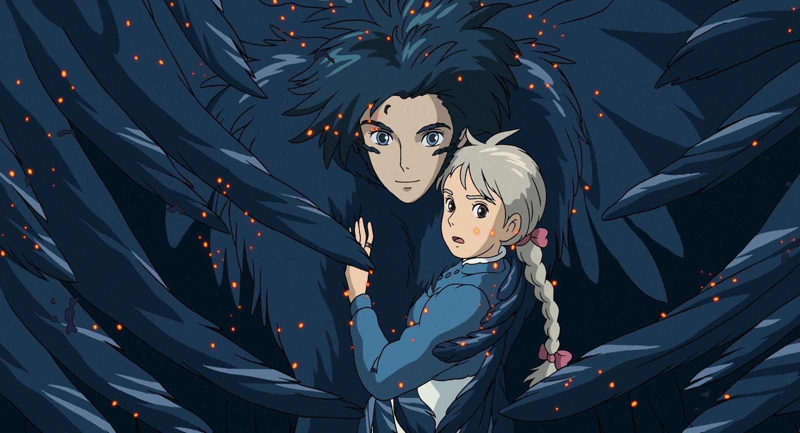 Howl, convertido en criatura de plumas negras, con Sophie