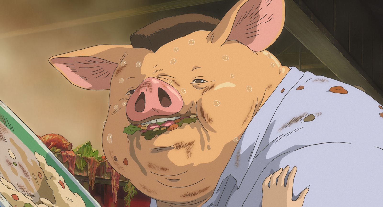 El padre, ya convertido en cerdo, sigue comiendo