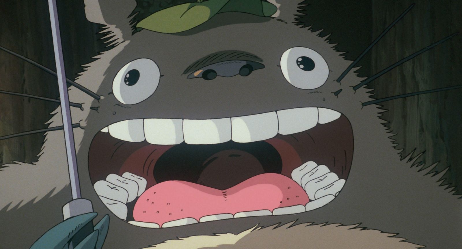 Totoro descubre el ruido de la lluvia sobre el paraguas prestado