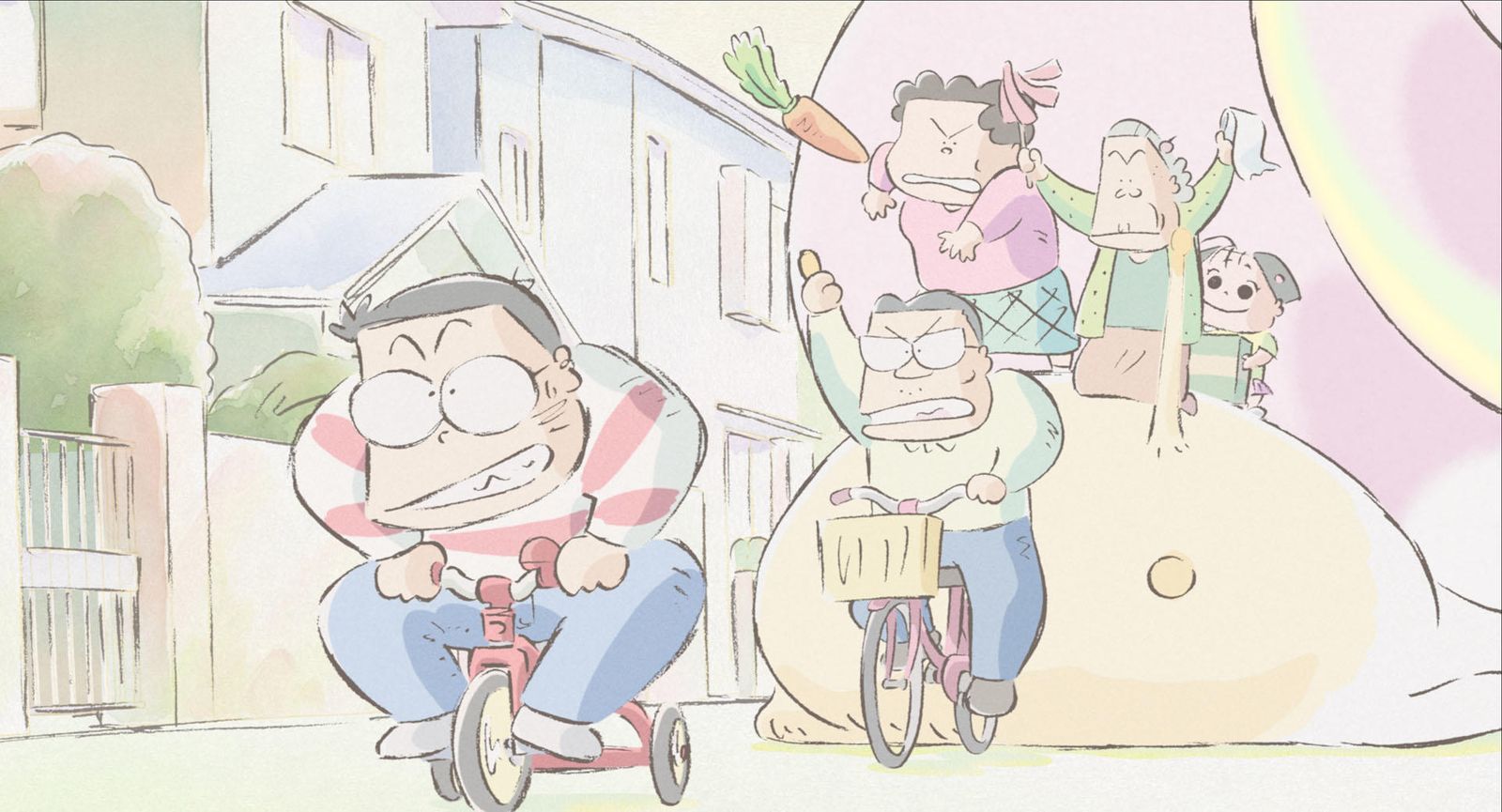 El padre y los niños en bicicleta
