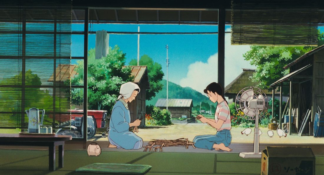 La abuela de Yamagata ata manojos de tallos secos, con Taeko enfrente