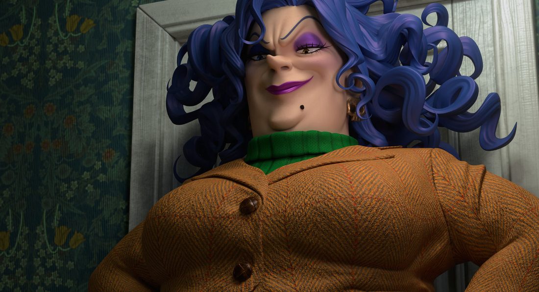 Bella Yaga en la puerta, con su pelo azul rizado y la rebeca marrón