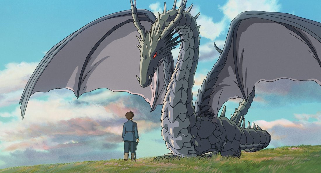 Un dragón se posa en la ladera frente a Arren
