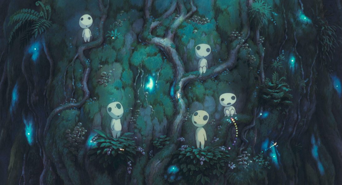 Los kodama en el bosque de noche