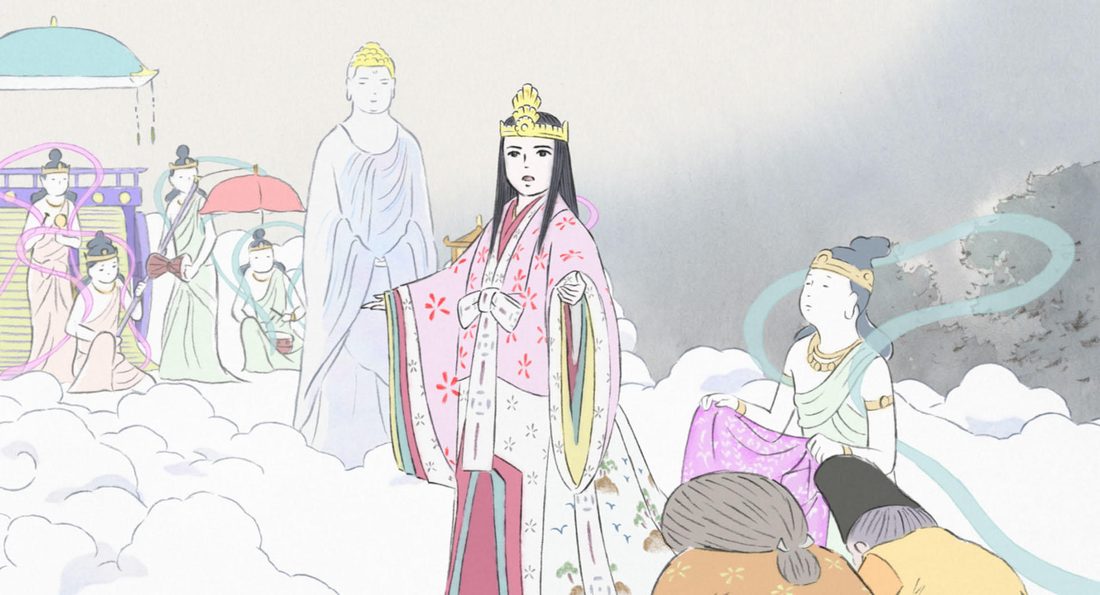 El cortejo lunar, sobre las nubes, rodea a Kaguya