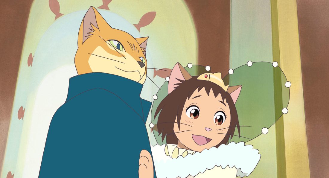 Natoru, gato naranja con túnica azul, junto a Haru en el palacio