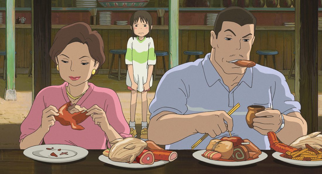 Los padres de Chihiro, comiendo lo que no era suyo