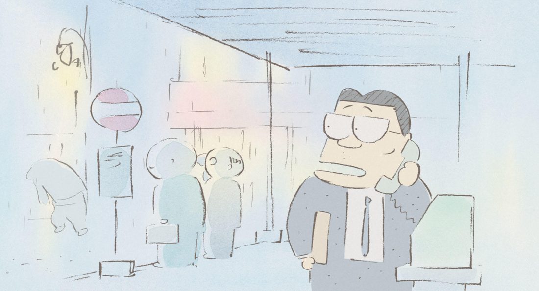 Takashi vuelve del trabajo de noche, con traje, corbata y maletín