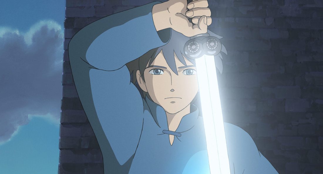 Arren desenvainando la espada, con la hoja iluminada