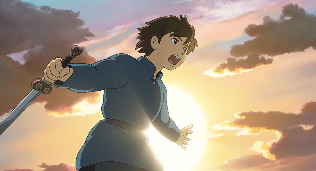 Arren blandiendo la espada contra el sol del atardecer