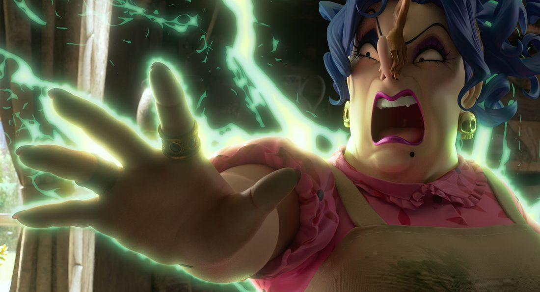 Bella Yaga gritando con la mano cargada de magia verde