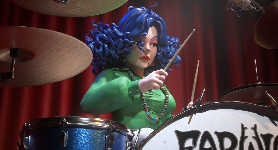 Bella Yaga tocando la batería del grupo Earwig