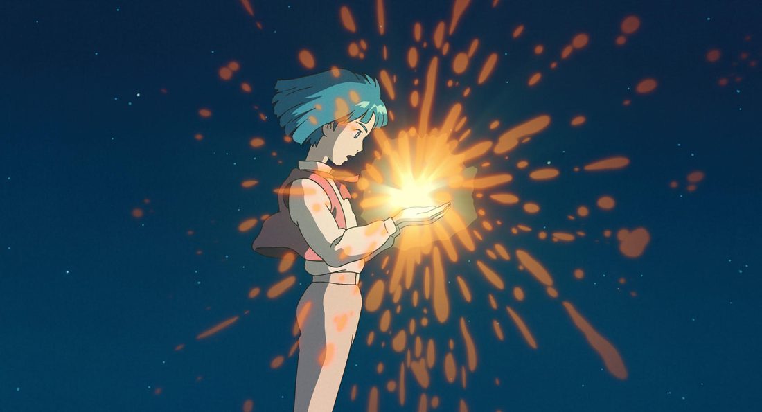 Calcifer, aún estrella fugaz, cae en las manos de Howl niño