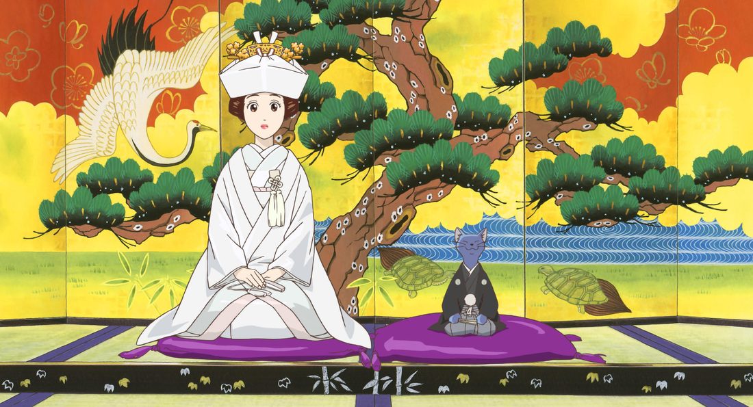 Haru vestida de novia ante el biombo dorado del palacio