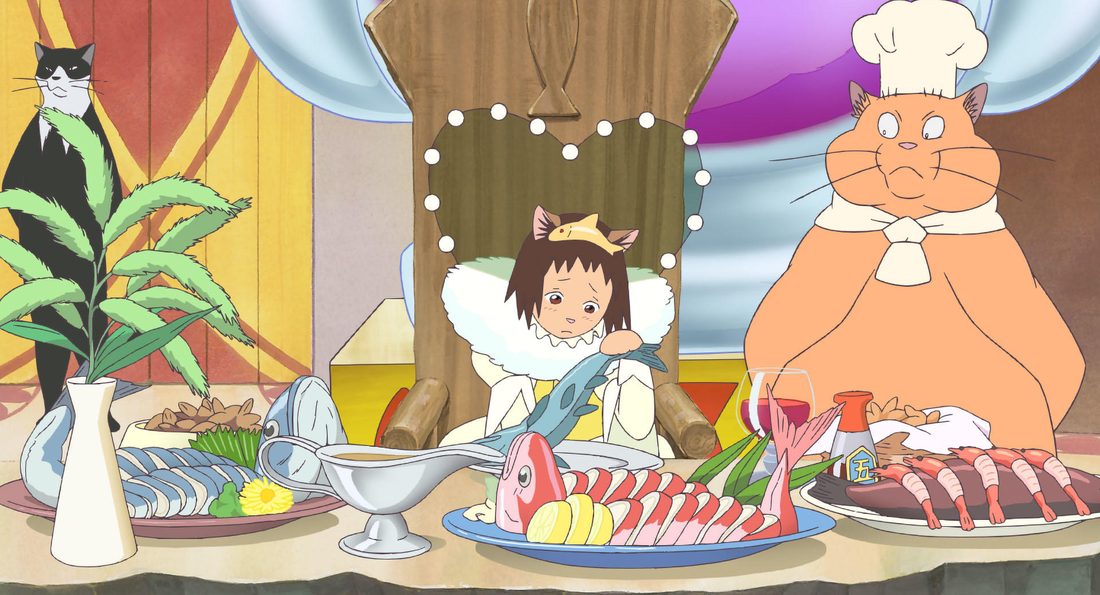 Haru con corona y gorguera en el banquete de los gatos