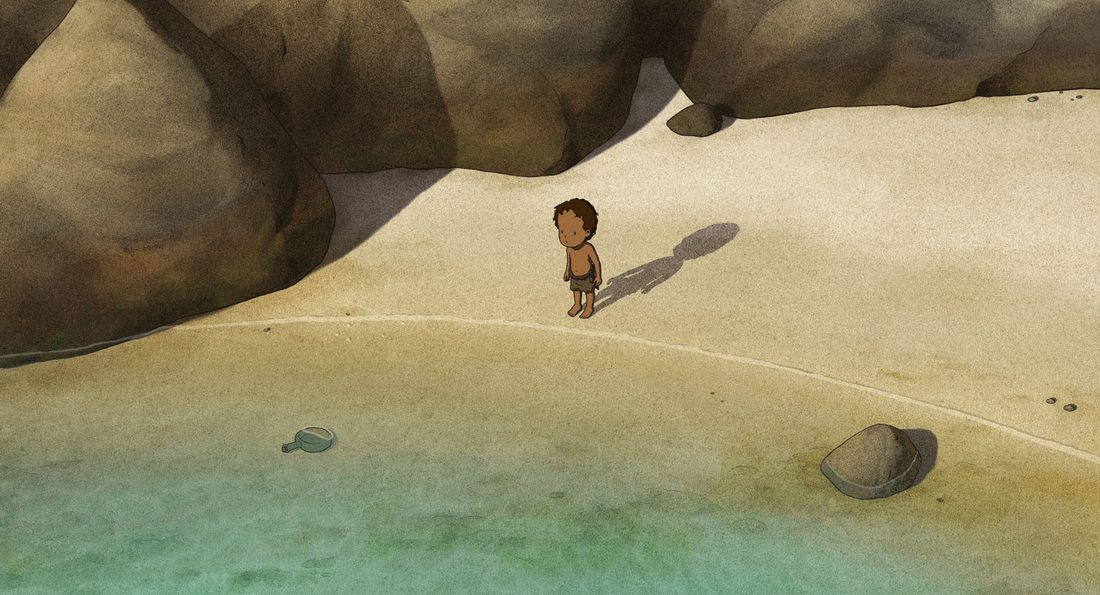 El hijo, aún pequeño, cruza solo la playa de arena