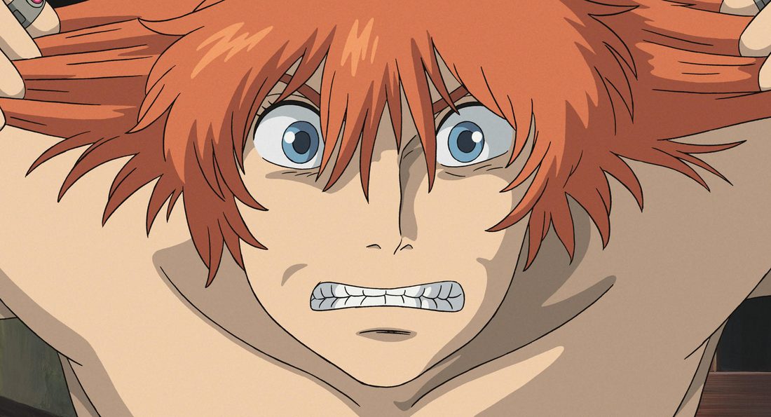 Howl con el pelo teñido de naranja, gritando de espanto