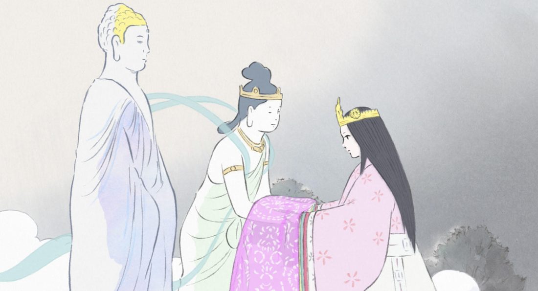 Los celestiales rodean a Kaguya para vestirla con el manto
