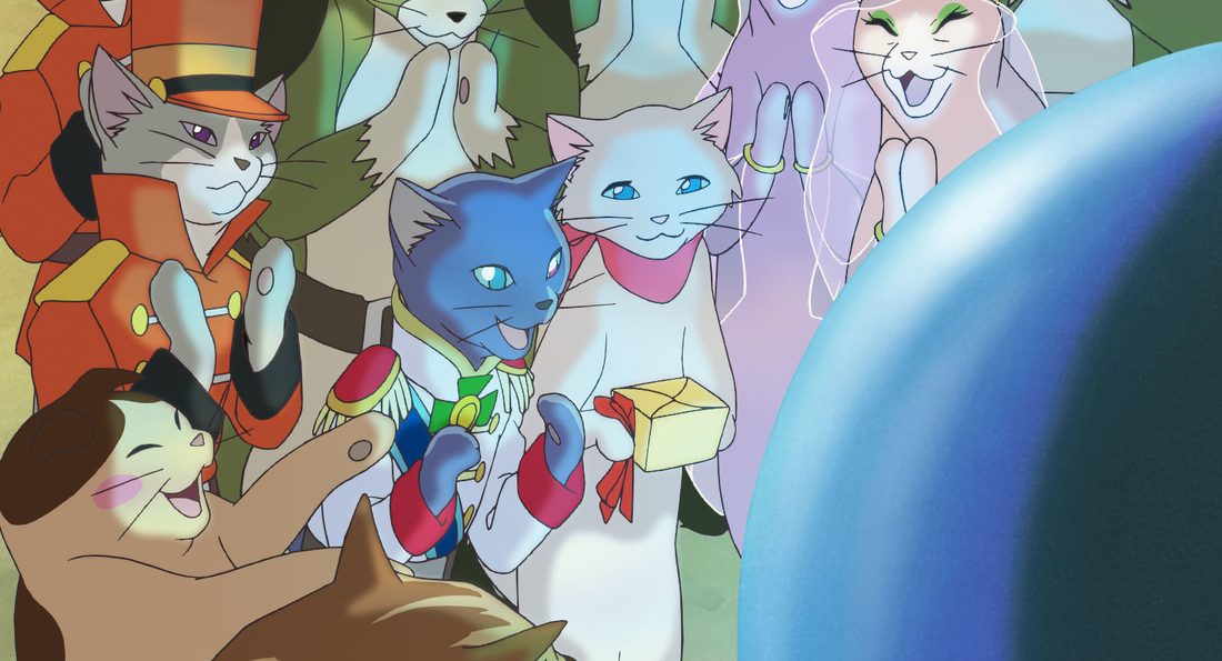 Lune, gato azul con medalla, entre la multitud de gatos