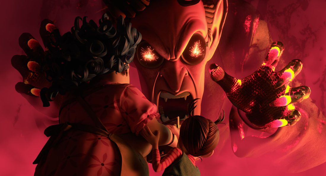 El Mandrágora transformado en demonio, rojo y con los dedos ardiendo