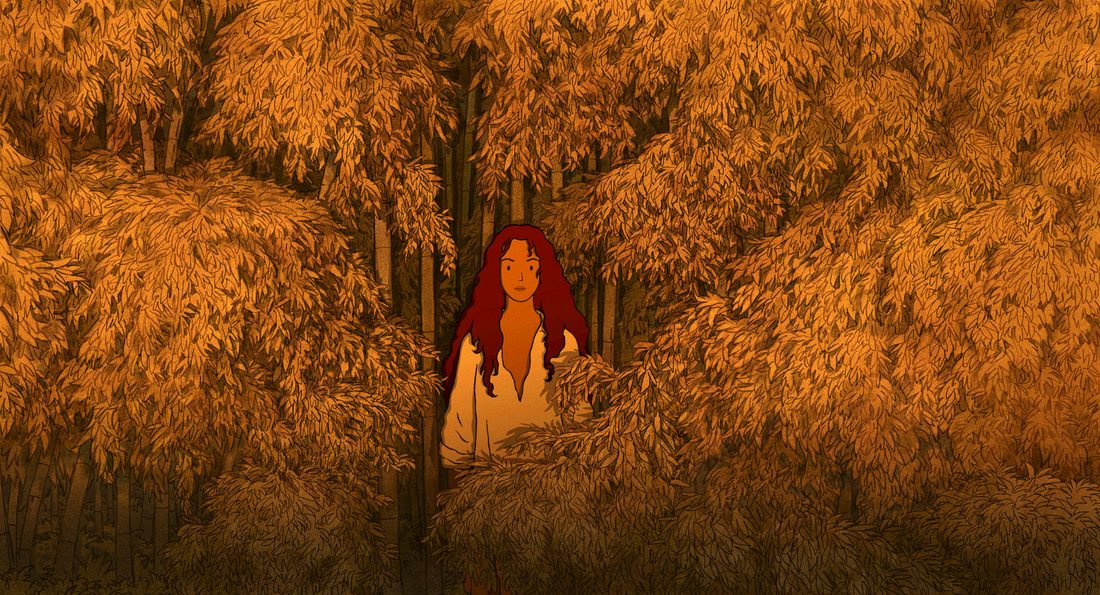 La mujer, entre el bambú dorado del otoño