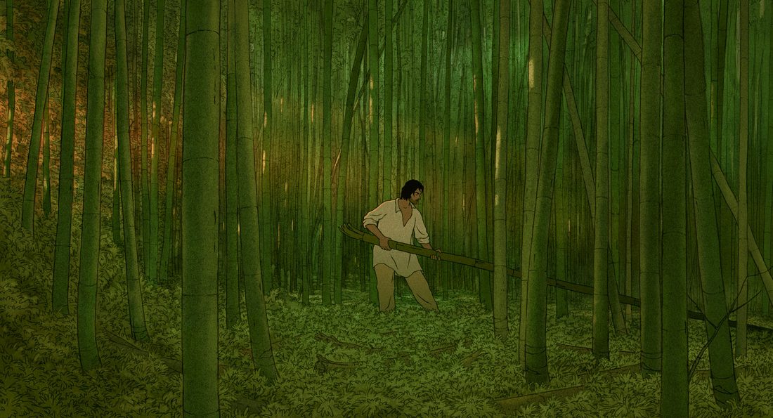 El náufrago corta cañas en el bosque de bambú
