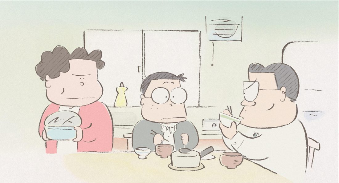 Noboru, en la mesa de la cena, entre su padre y su madre