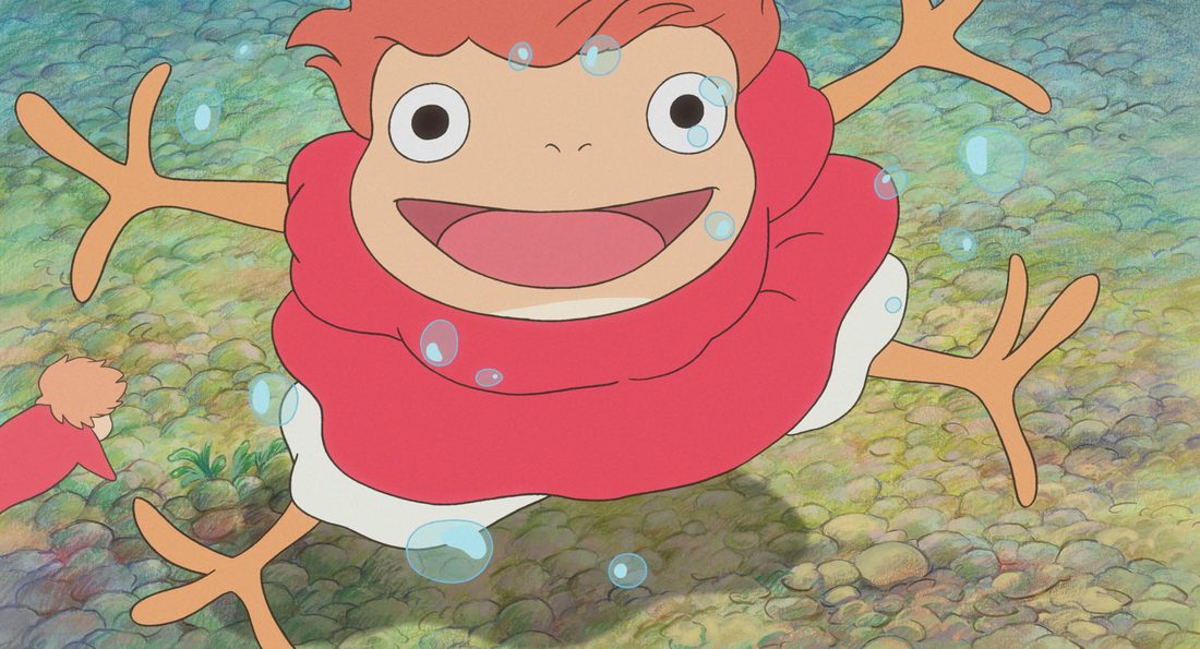 Ponyo a medio transformar, con patas y brazos de niña