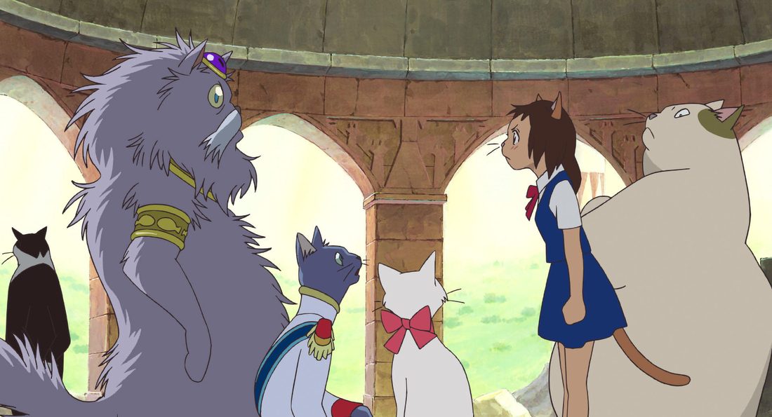 El Rey Gato encarándose con Haru bajo los arcos
