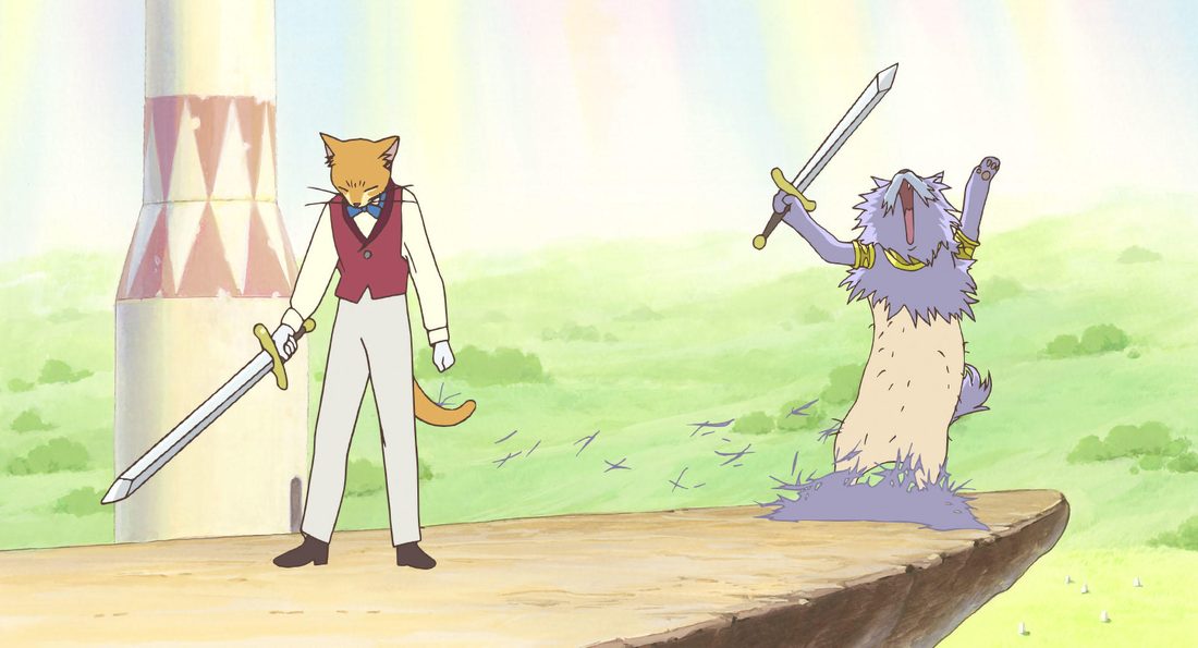 El Rey Gato, espada en alto, frente al Barón