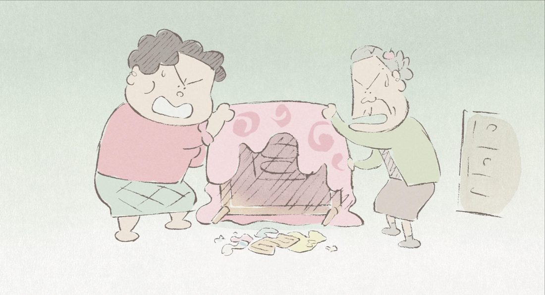 La abuela Shige levanta la manta del kotatsu junto a Matsuko