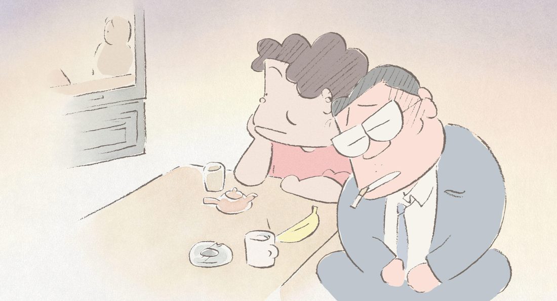 Takashi se derrumba en la mesa al volver tarde, junto a Matsuko