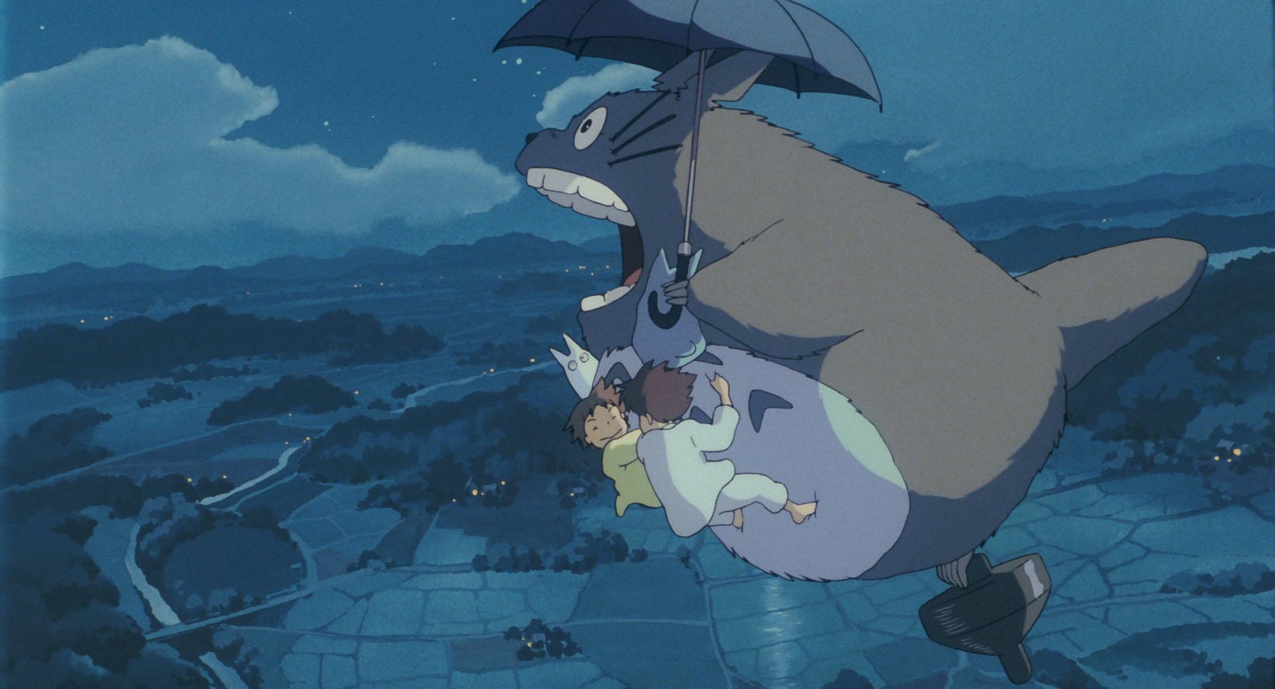 Totoro sobrevuela los arrozales con Satsuki y Mei · Mi vecino Totoro (1988)